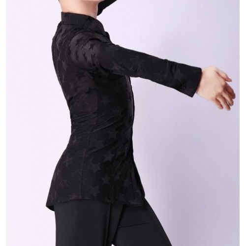 men's latin ballroom dance shirts  black geometry pattern modern salsa chacha rumba dance tops shirts